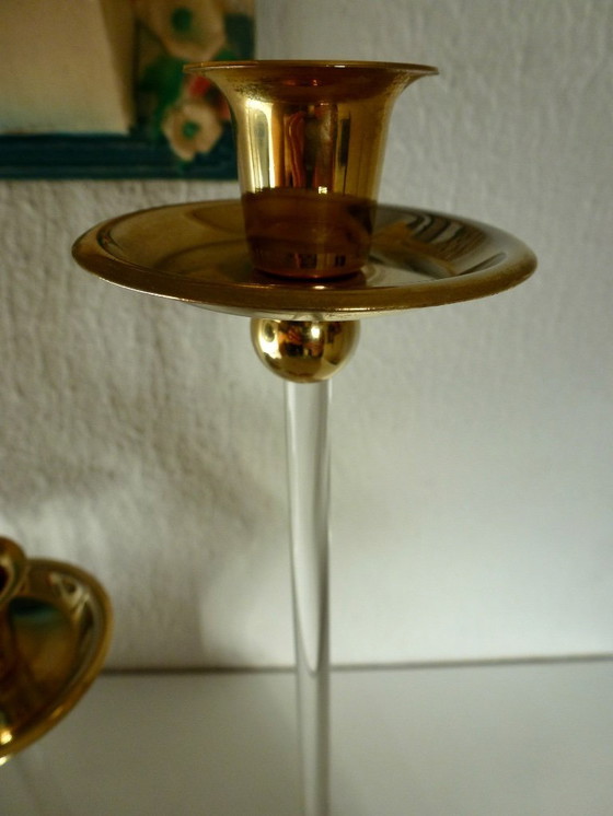 Image 1 of 2x Vintage Candlesticks lucite (plexiglass) with brass by or in the style of Estrid Maria Ericson.