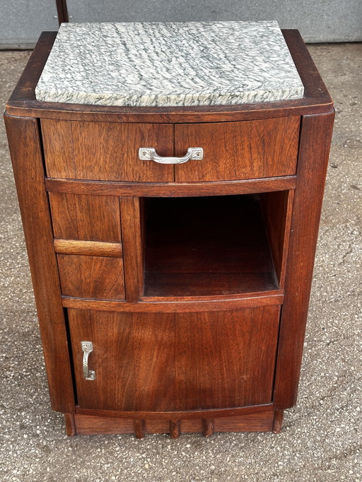Table de Chevet Art-Deco en Bois de Niangon et Marbre Nervures Vertes