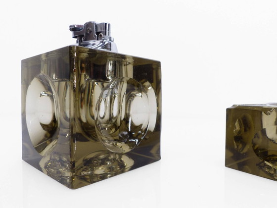 Image 1 of Set cendrier et briquet de table Space Age en verre Murano fumé, Antonio Imperatore, Italie, 1970