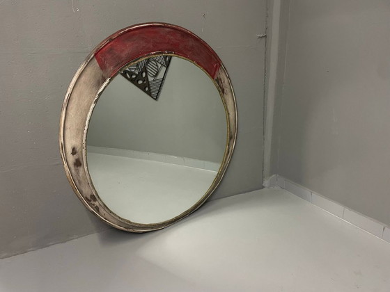 Image 1 of Vintage Round Mirror Distressed Painted Frame 1970s Europe