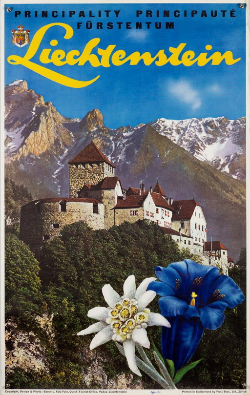 Liechtenstein – jaren 60 – Originele vintage reisposter van Baron V. Falz – Mid-Century Modern – 101x64 cm – Paper