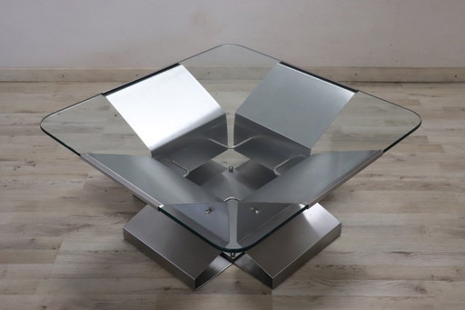 Mesa de centro cuadrada de acero y cristal, Italia, años 70