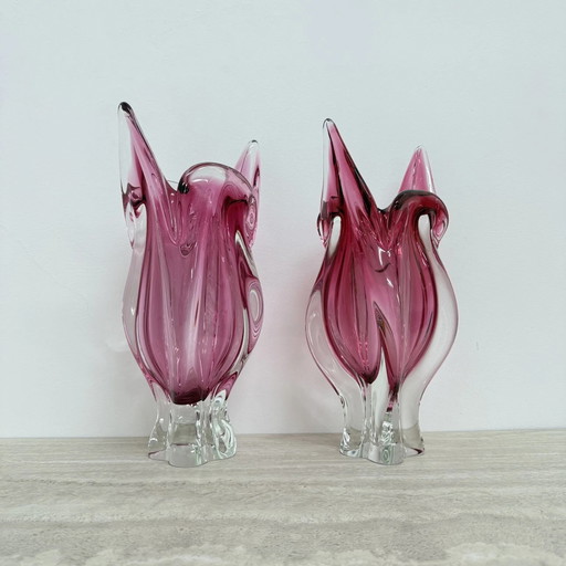 Par de jarrones rosas de cristal de Murano hechos a mano, años 70 Italia