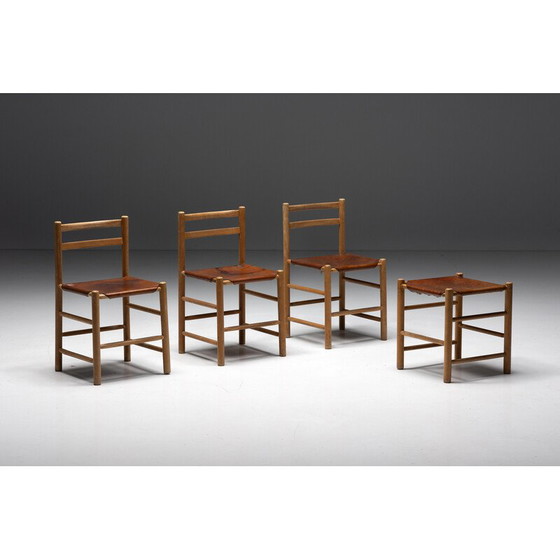 Image 1 of Ensemble de 3 chaises et tabouret vintage en cognac, France années 1950