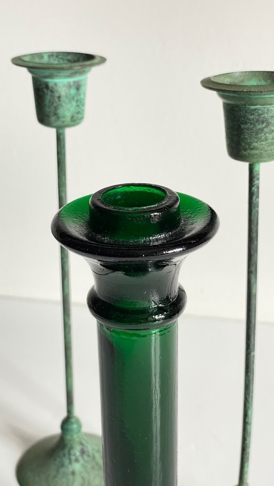 Image 1 of Vintage Glass and Metal Candle Holders Green