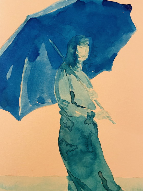 Image 1 of Gesigneerd schilderij blauw aquarel vrouwenportret "weekend in Honfleur".