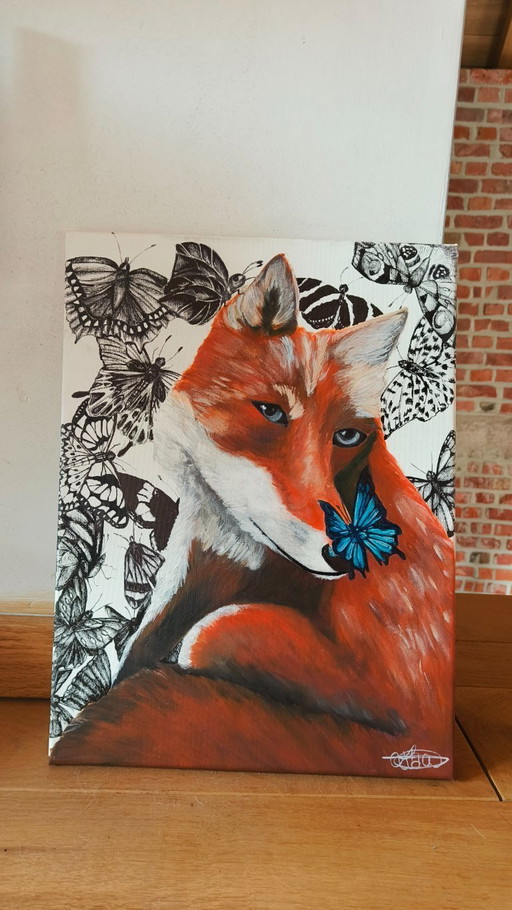 Origineel schilderij op canvas: 'Silent Serenade'. Vos met vlinders. 30*40cm