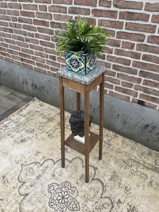 Vintage tall greyed oak plant column pedestal, base in sleek Amsterdam School style