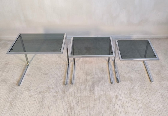 Image 1 of 😍✨ Set of 3 vintage chrome and smoked glass nesting tables, Roche Bobois / Guy Lefèvre style – 1970s ✨😍