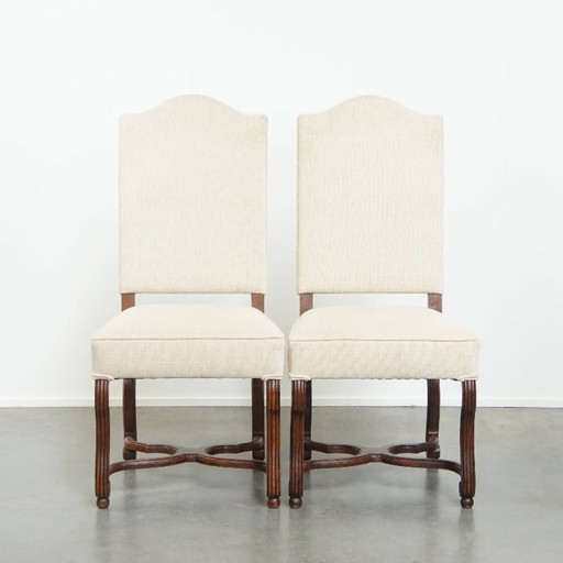 2x Antique dining chair with wooden frame and beige upholstery