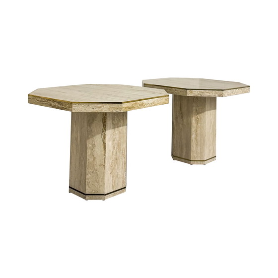 Image 1 of Pair of Willy Rizzo for Jean Charles Mid-Century Italian Modern Travertine Low Octagonal Tables