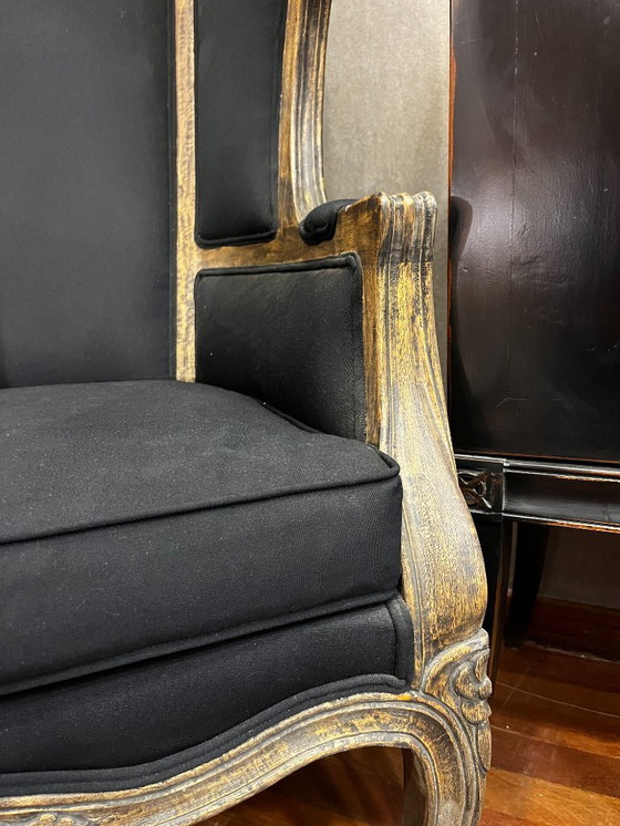 Image 1 of Carriage or bonnet chair, Louis XV style, washed wood, thread upholstery, 21st century – France