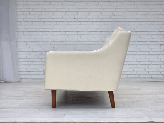 Image 1 of Sofá danés de tres plazas, años 70, lana de muebles beige/blanca, patas de madera de teca