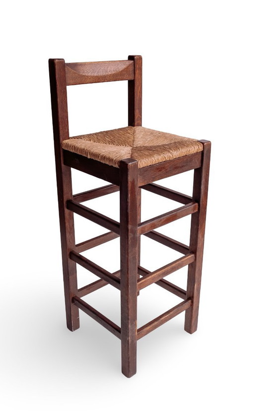 Image 1 of 2x tabourets de bar vintage en bois avec assise en jonc