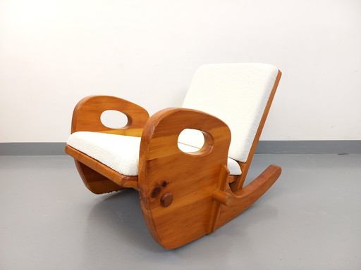 Brutalist "Luge" Rocking Chair Jean Touret Style Vintage Solid Pine and Bouclette Fabric from the 50s