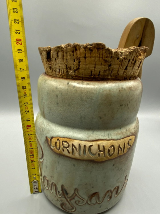 Peasants Enameled Stoneware Pickle Pot with Wooden Tongs – Crockery, Cork, Rustic (photo 9 of 10)
