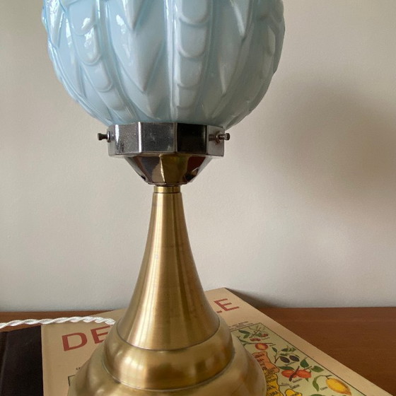 Image 1 of Vintage Art Deco Modernist Lamp in Blue Opaline Glass and Brass