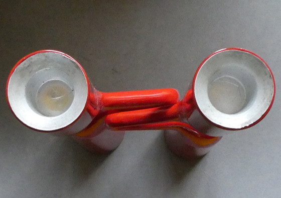 Image 1 of double candle holder, stainless steel, red lacquered, menu, denmark, design mikaela dörfel