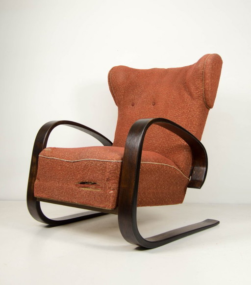 Rare fauteuil à oreilles en bois courbé de style tank, par Navratil, Tchécoslovaquie, années 1930