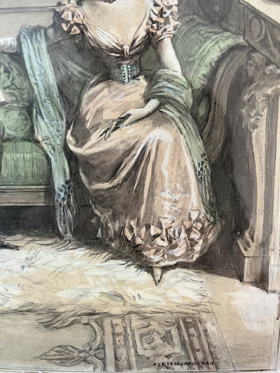 Image 1 of Original Adrien Moreau (1843-1906) Aquarell mit Goldrahmen
