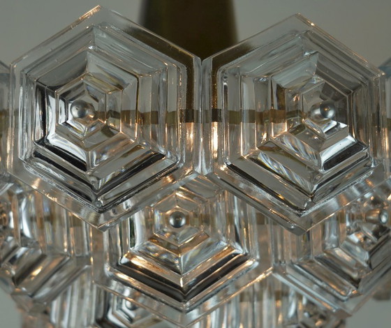 Image 1 of 3-tier mid century PENDANT LIGHT with 27 hexagonal glass panels 1960s 70s chandelier