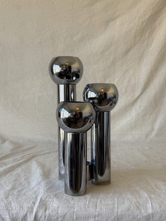 Image 1 of Space Age Design Candlestick – Chrome Plated – Stepped – 70s Vintage