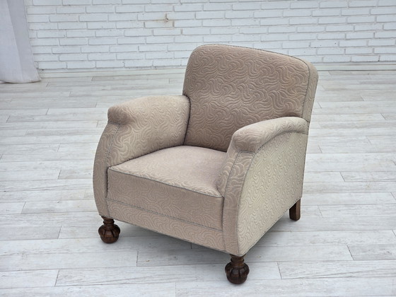 Image 1 of 1950s Danish Art Deco Armchair, Quality Beige Furniture Wool, Oak Wood Legs
