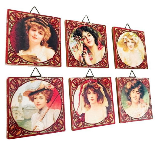 Conjunto de retratos Art Nouveau vintage al estilo Mucha, cuadros pequeños, década de 1980.