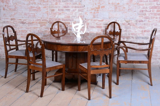 Restored Art Deco Dinig Set, Caucasian Walnut, Thuja, Polished, England, 1920s – Dining set, Textile, Wood (photo 5 of 19)