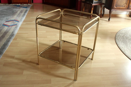 Hollywood Regency Beistelltisch Messing mit 2 Rauchglasplatten - Vintage