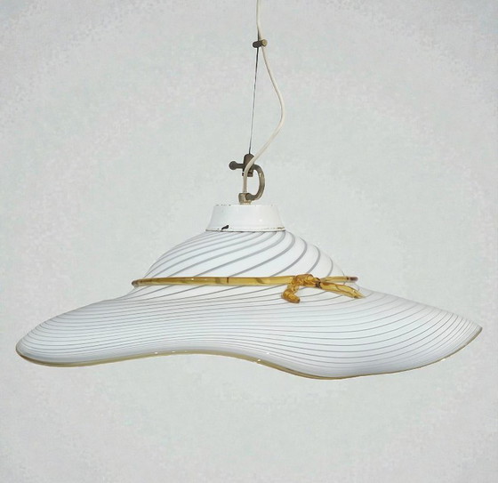 Image 1 of Mid-Century Italian Murano Glass Hat Lamp – Handblown Filigrana & Amber Bow