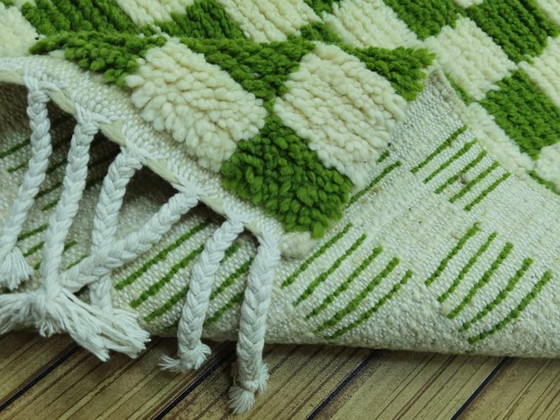 Image 1 of Handwoven Moroccan wool rug, 300/70cm, olive green checkerboard pattern