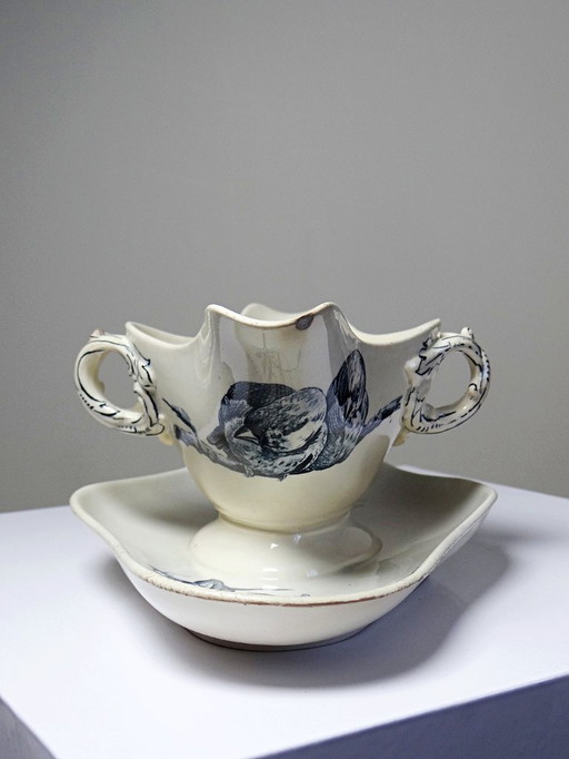 Antique Longwy earthenware gravy boat, late 19th-early 20th century