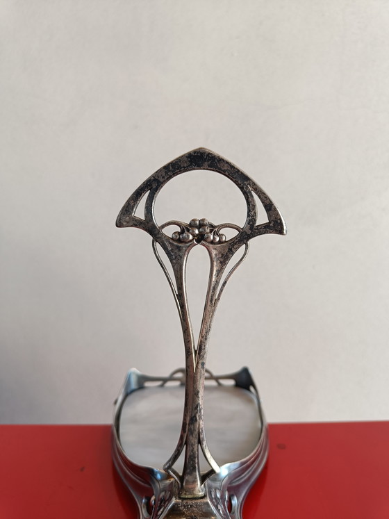 Image 1 of Plateau de service double Art Nouveau en métal argenté avec inserts en verre opalin