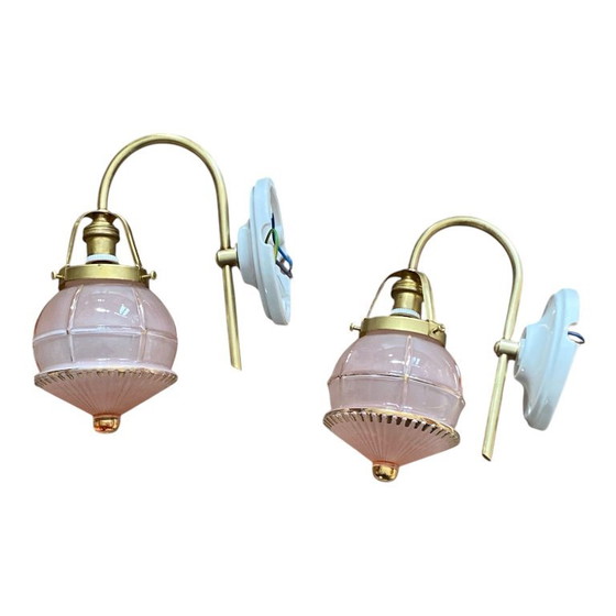 Pair of Antique Brass Swan Neck Wall Sconces, Vintage Pink Glass Globes and Gilding, Porcelain Rosettes (photo 9 of 9)