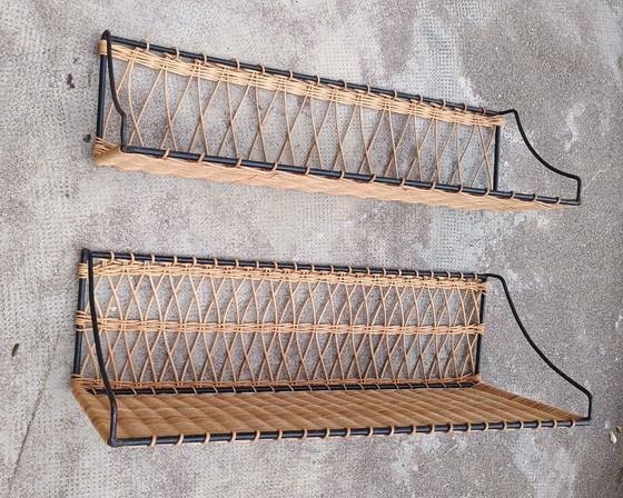 Image 1 of Pair of Vintage Raoul Guys Rattan Wall Shelves, French Mid Century Woven Bamboo Shelving, Boho Modernist Decor