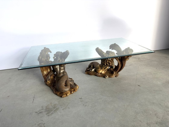 Vintage Gilt Wood Mermaid Coffee Table, 1960s - Italy, Glass, Brown (photo 8 of 13)