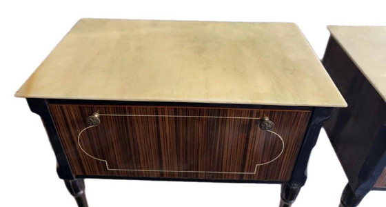 Image 1 of Italian bedside table pair, marble Makassar ebony veneer