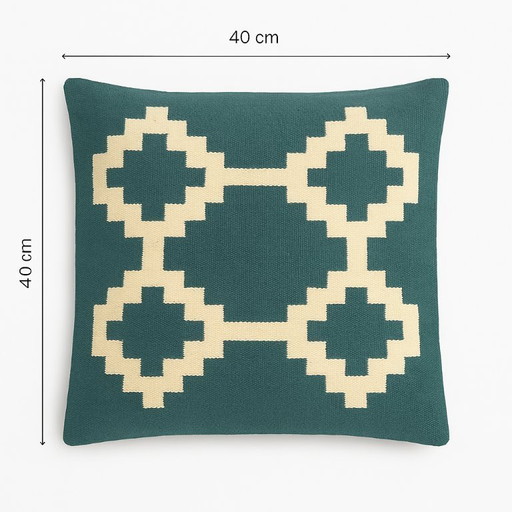 Handmade Egyptian Wool Cushion Cover "Senon" - 40×40 cm - Green & Cream - With Zipper - Excluding Inner Cushion