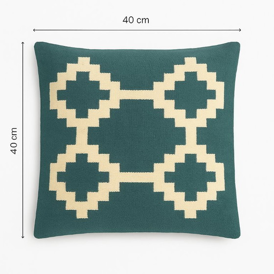 Image 1 of Handmade Egyptian Wool Cushion Cover "Senon" - 40×40 cm - Green & Cream - With Zipper - Excluding Inner Cushion