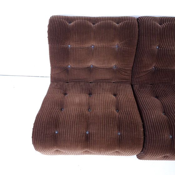 Image 1 of Divano modulare vintage a 3 sezioni, velluto a coste marrone capitonné, anni '70, design moderno di metà secolo