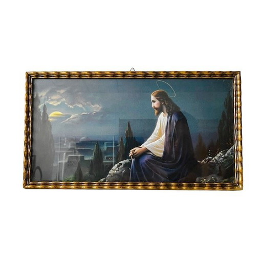 Vintage Religieuze kleurenlithografie schilderij Jezus Christus Olijfberg 1930's