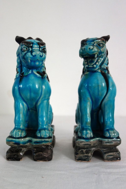 Pair of Japanese Komainu dogs in green and turquoise glaze ceramic, vintage
