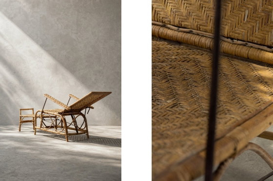 Image 1 of Sillón alemán antiguo de ratán con reposapiés extensible, de la década de 1930.