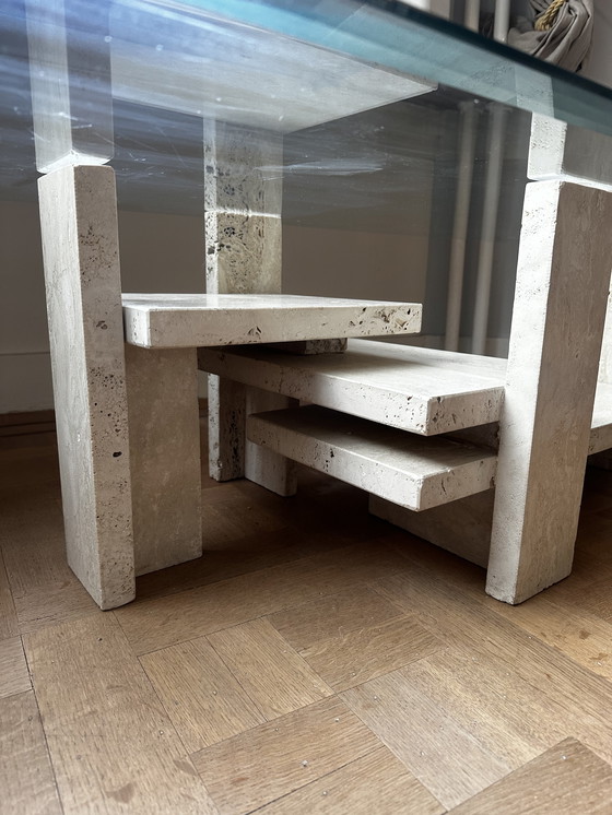 Image 1 of Willy Ballez salontafel van travertin en glas