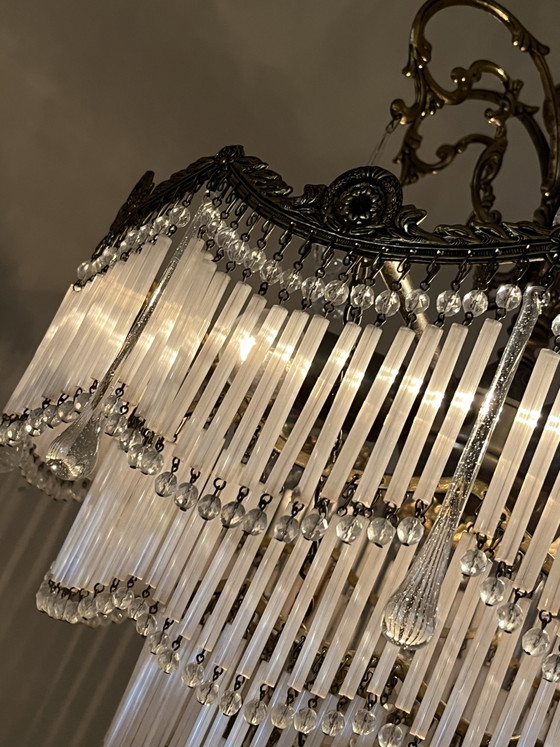Vintage Bronze Art Nouveau Chandelier Opal Rods and Teardrop Pebbles – Crystal (photo 3 of 13)