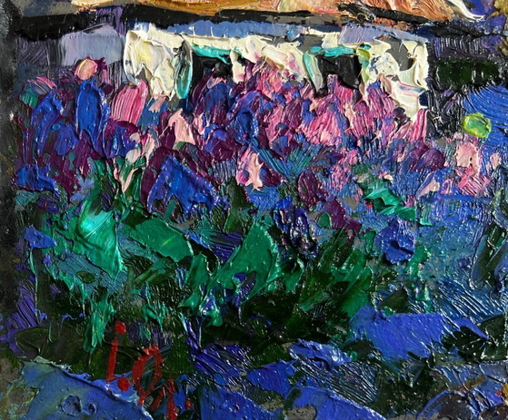 Image 1 of Original Oil Painting Summer Village Landscape In the evening I watch the lilacs