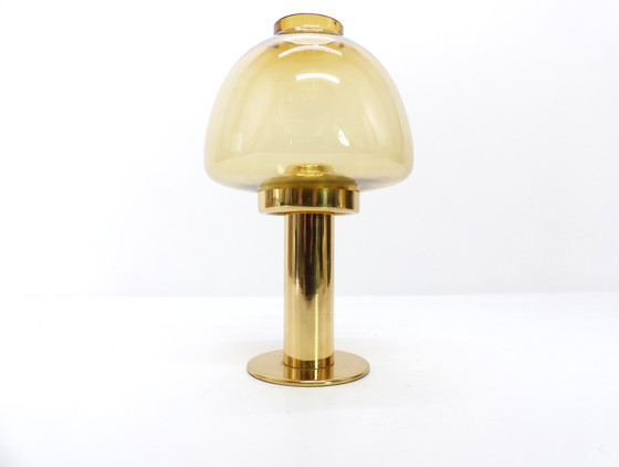 Image 1 of Set of 5 Hans-Agne Jakobsson Scandinavian Candlesticks Claudia Model in Brass and Amber Glass, Sweden, 1960