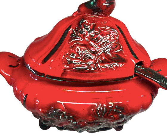 Image 1 of Large Vintage Red Ceramic Soup Tureen w Lid & Ladle Baroque Style Serving Bowl 38cm
