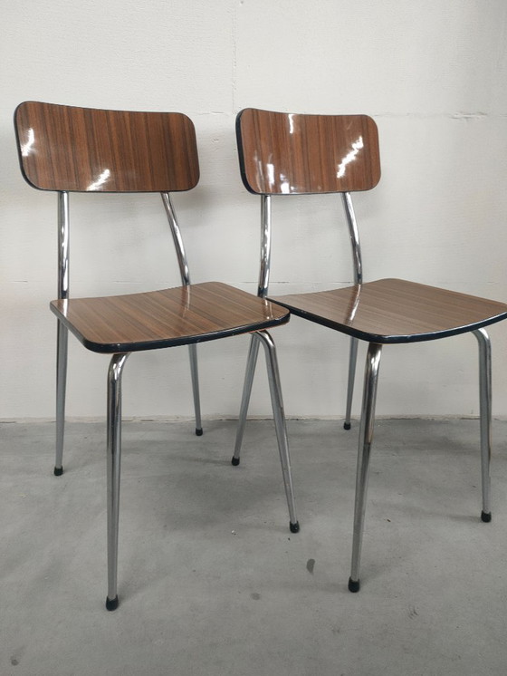 Image 1 of Set of two 1970s Caramel-colored Formica dining chairs and kitchen chairs (chrome-plated).